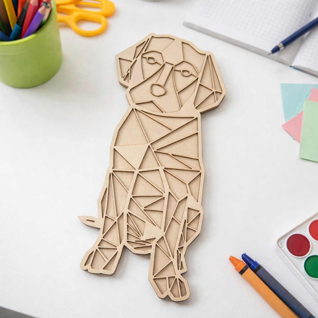 Unpainted DIY MDF geometric dog puzzle with detachable pieces for painting and craft activity show on craft table