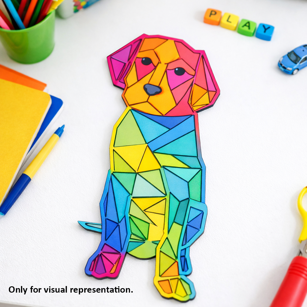 Painted DIY MDF geometric dog puzzle with detachable pieces for painting and craft activity show on craft table