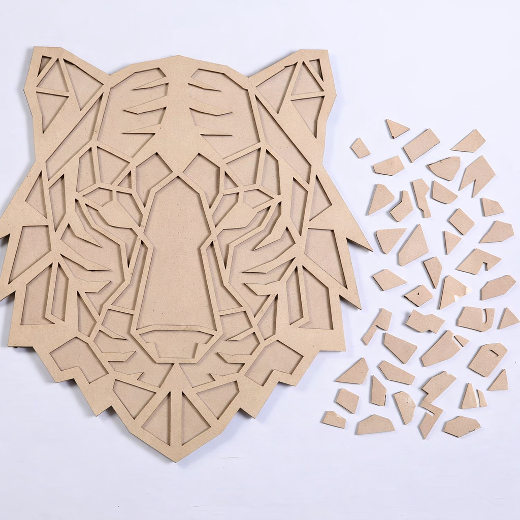 Unpainted DIY MDF tiger face geometric puzzle with detachable pieces for painting and craft activity