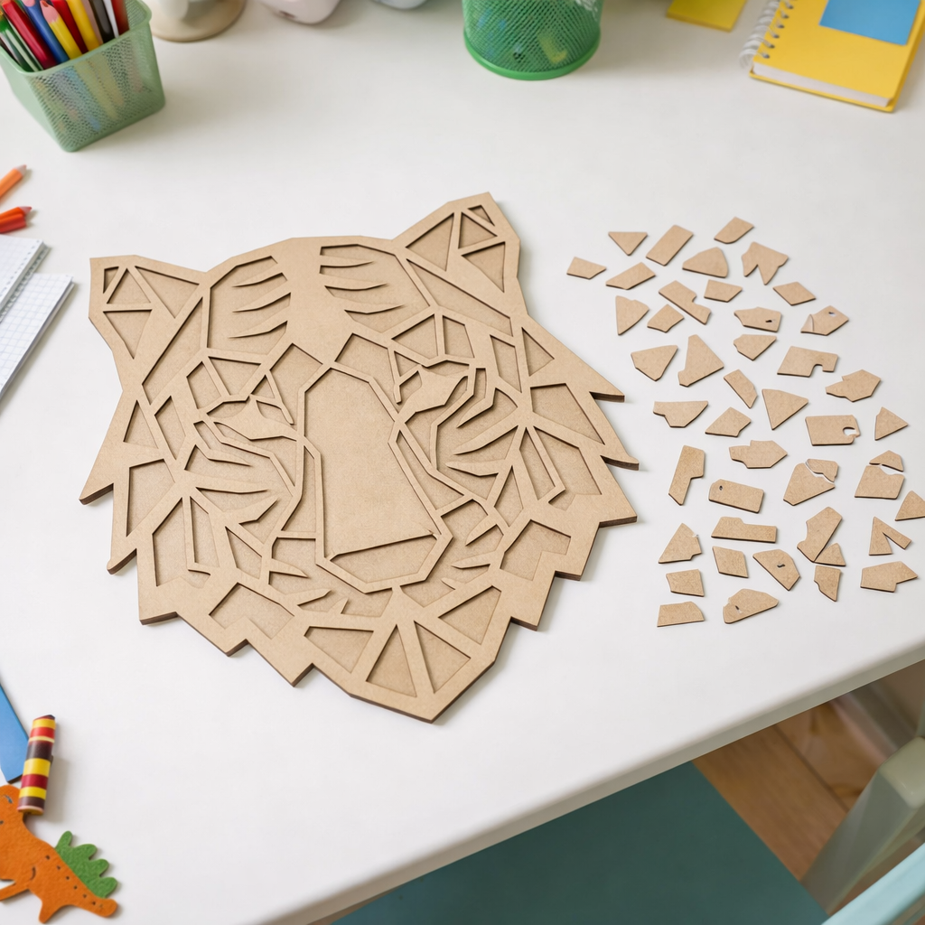 Unpainted DIY MDF tiger face geometric puzzle with detachable pieces for painting and craft activity show on craft table 