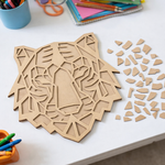 Unpainted DIY MDF tiger face geometric puzzle with detachable pieces for painting and craft activity show on craft table 