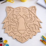 Unpainted DIY MDF tiger face geometric puzzle with detachable pieces for painting and craft activity show on craft table 