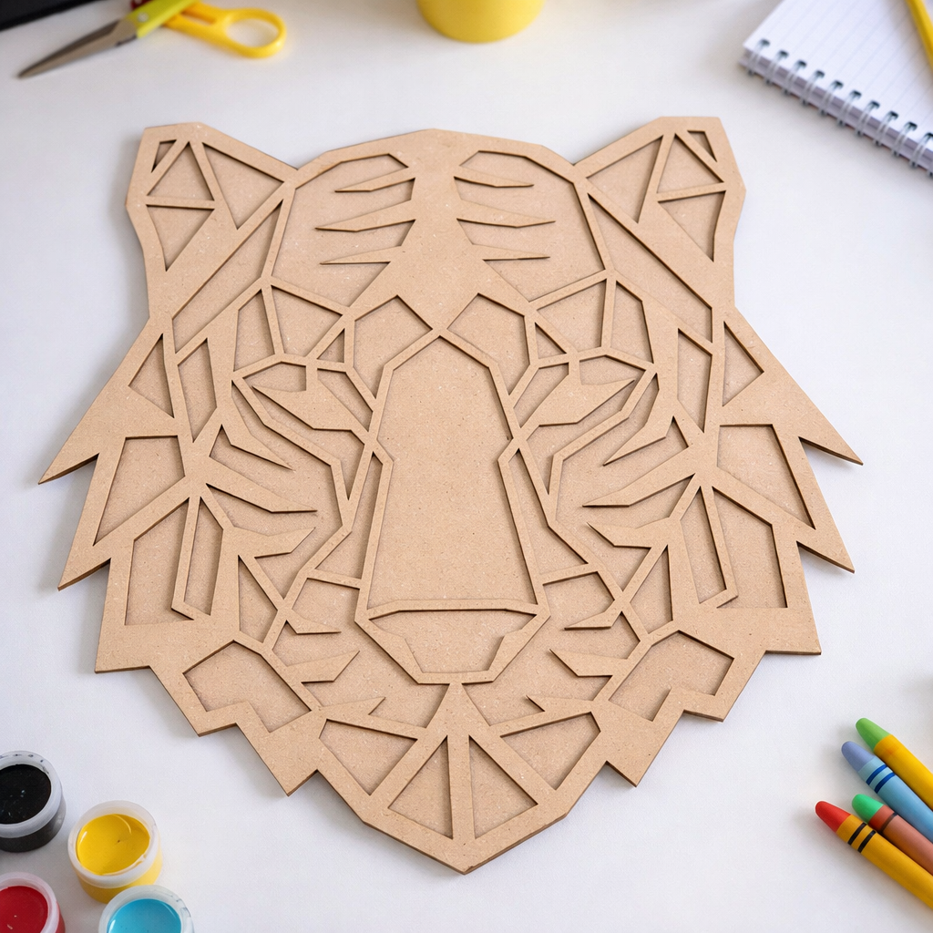 Unpainted DIY MDF tiger face geometric puzzle with detachable pieces for painting and craft activity show on craft table 