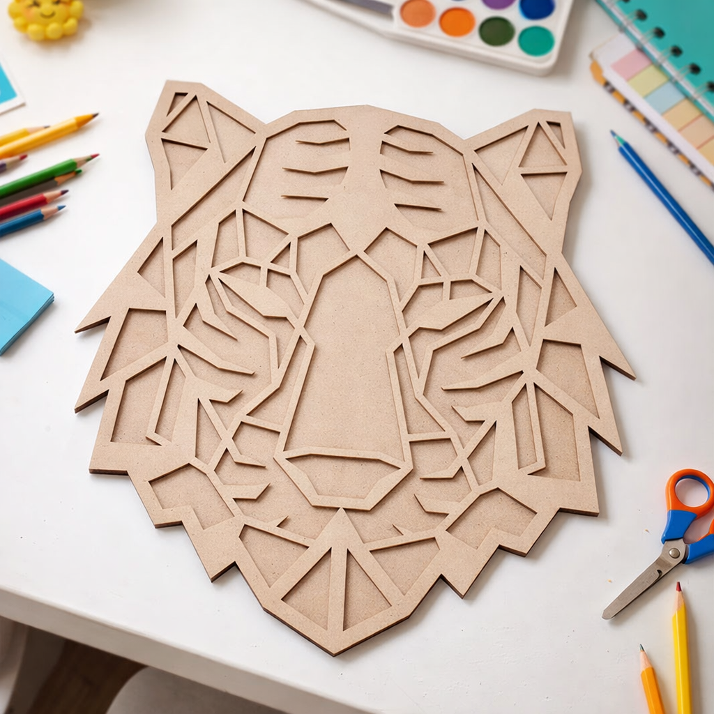 Unpainted DIY MDF tiger face geometric puzzle with detachable pieces for painting and craft activity show on craft table 