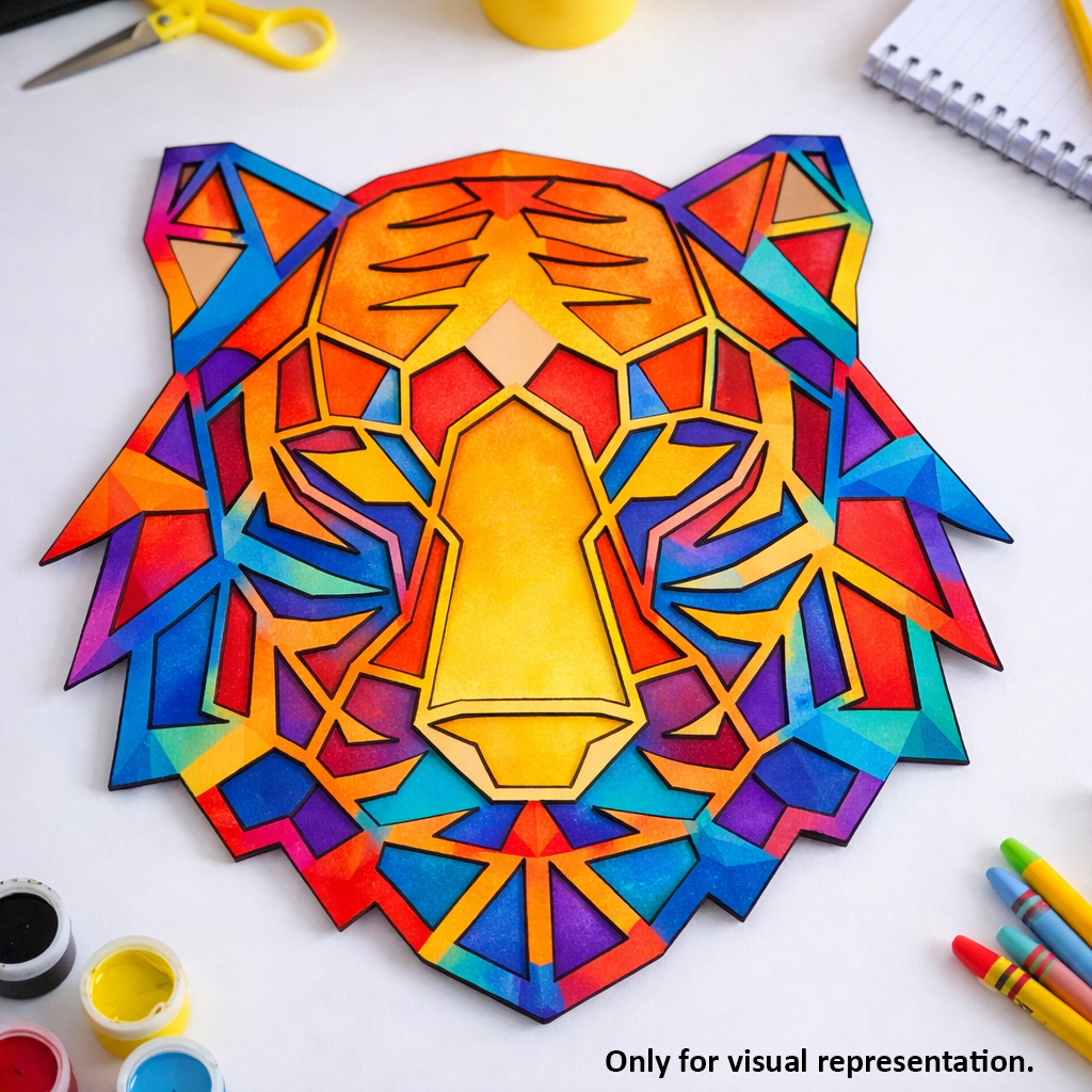 Painted DIY MDF tiger face geometric puzzle with detachable pieces for painting and craft activity show on craft table 