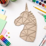 Unpainted DIY MDF geometric unicorn puzzle with detachable pieces for painting and craft activity show on craft table 