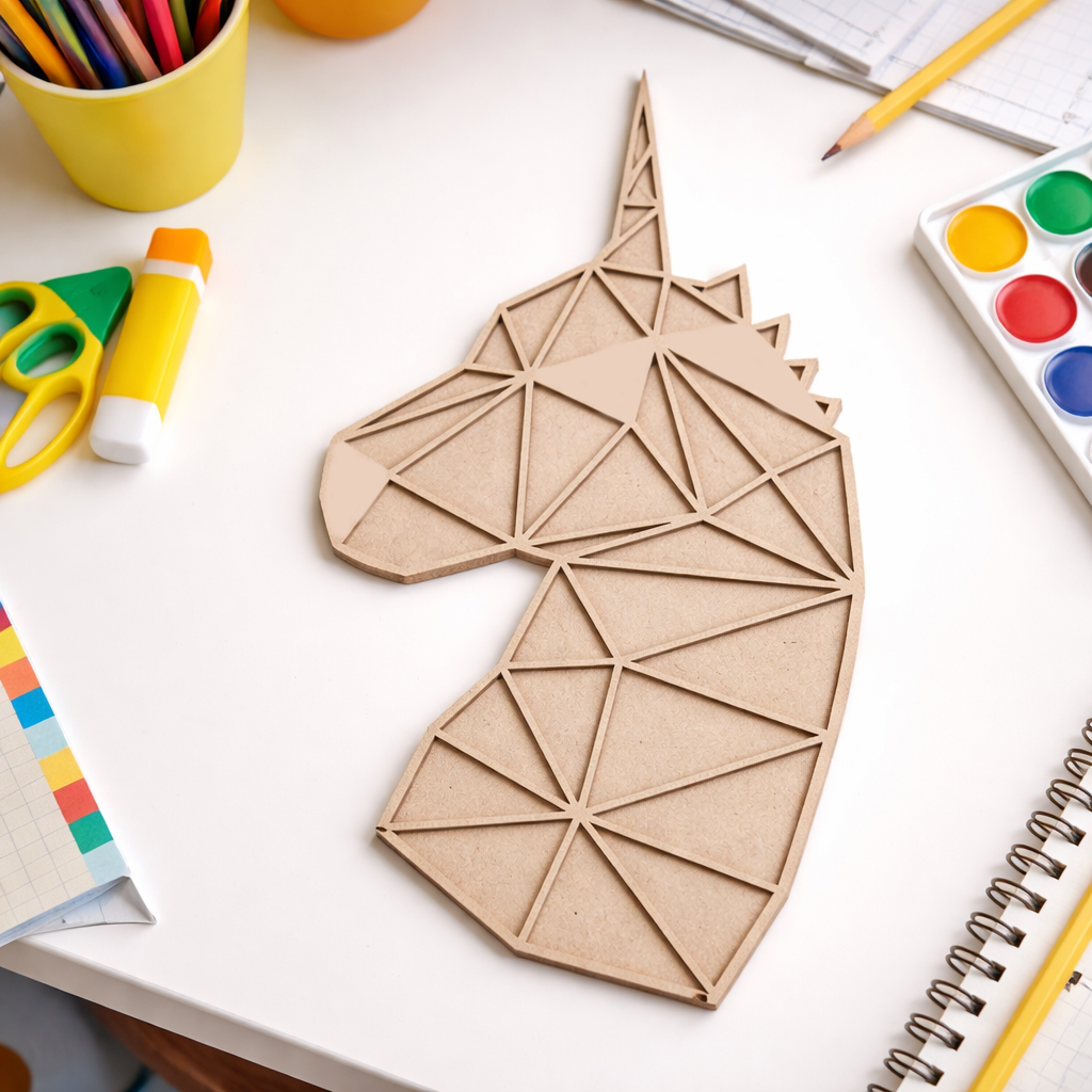 Unpainted DIY MDF geometric unicorn puzzle with detachable pieces for painting and craft activity show on craft table 