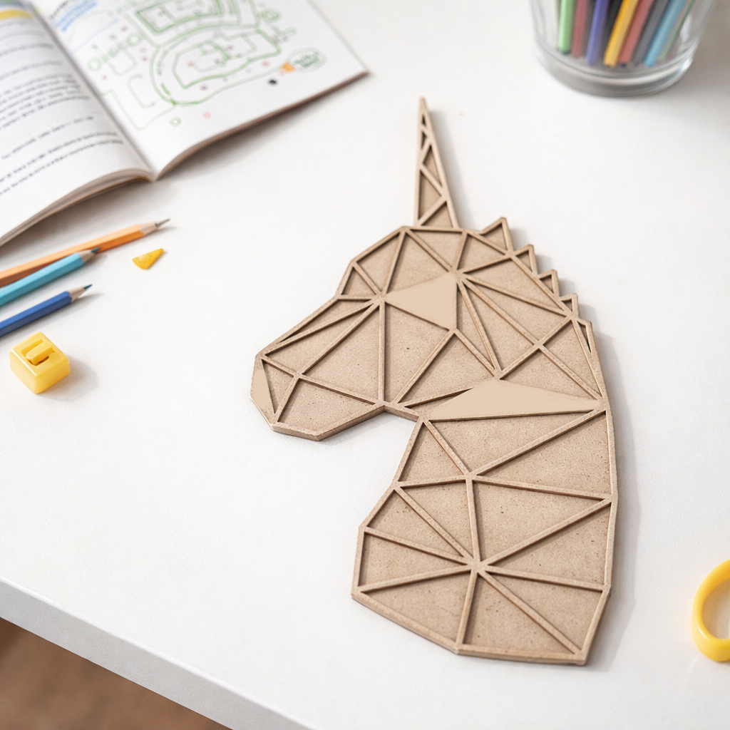 Unpainted DIY MDF geometric unicorn puzzle with detachable pieces for painting and craft activity show on craft table 