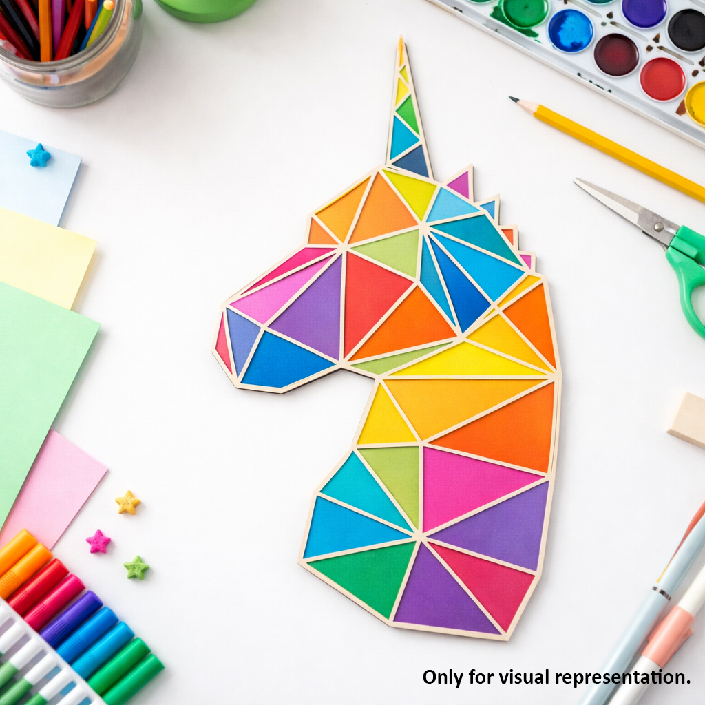 Painted DIY MDF geometric unicorn puzzle with detachable pieces for painting and craft activity show on craft table 