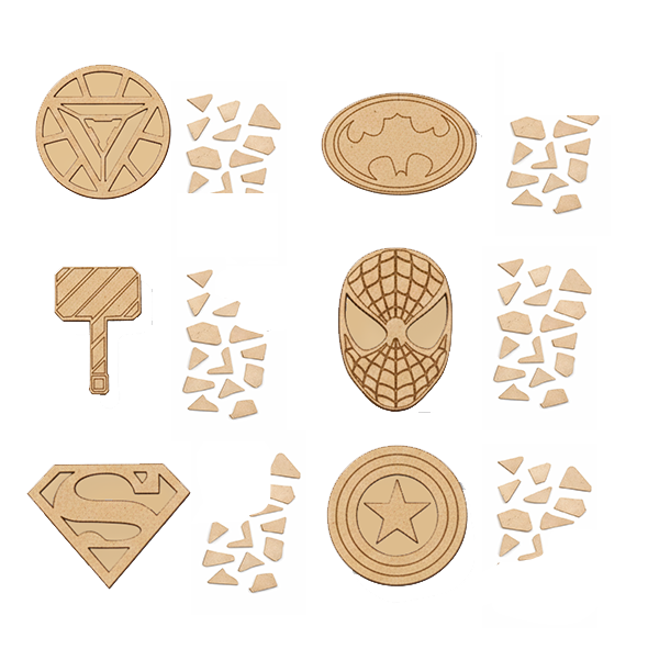 Unpainted DIY MDF superhero symbol puzzle set with detachable pieces for painting and craft activity