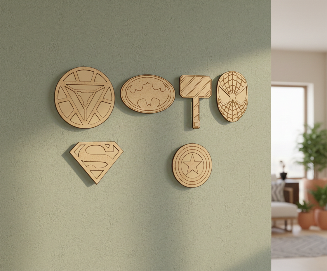 Unpainted DIY MDF superhero symbol wall-mounted puzzle set with detachable pieces for painting and craft activity