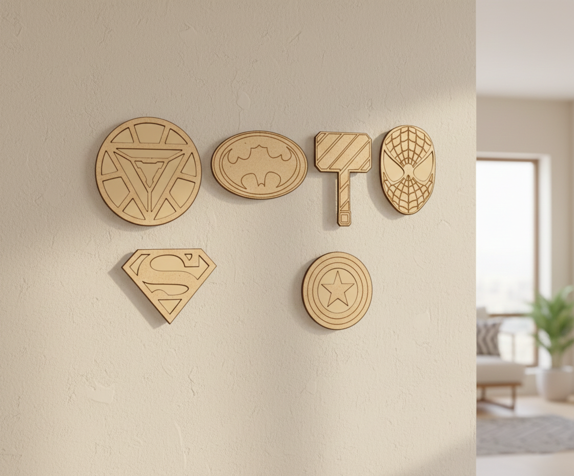 Unpainted DIY MDF superhero symbol wall-mounted puzzle set with detachable pieces for painting and craft activity