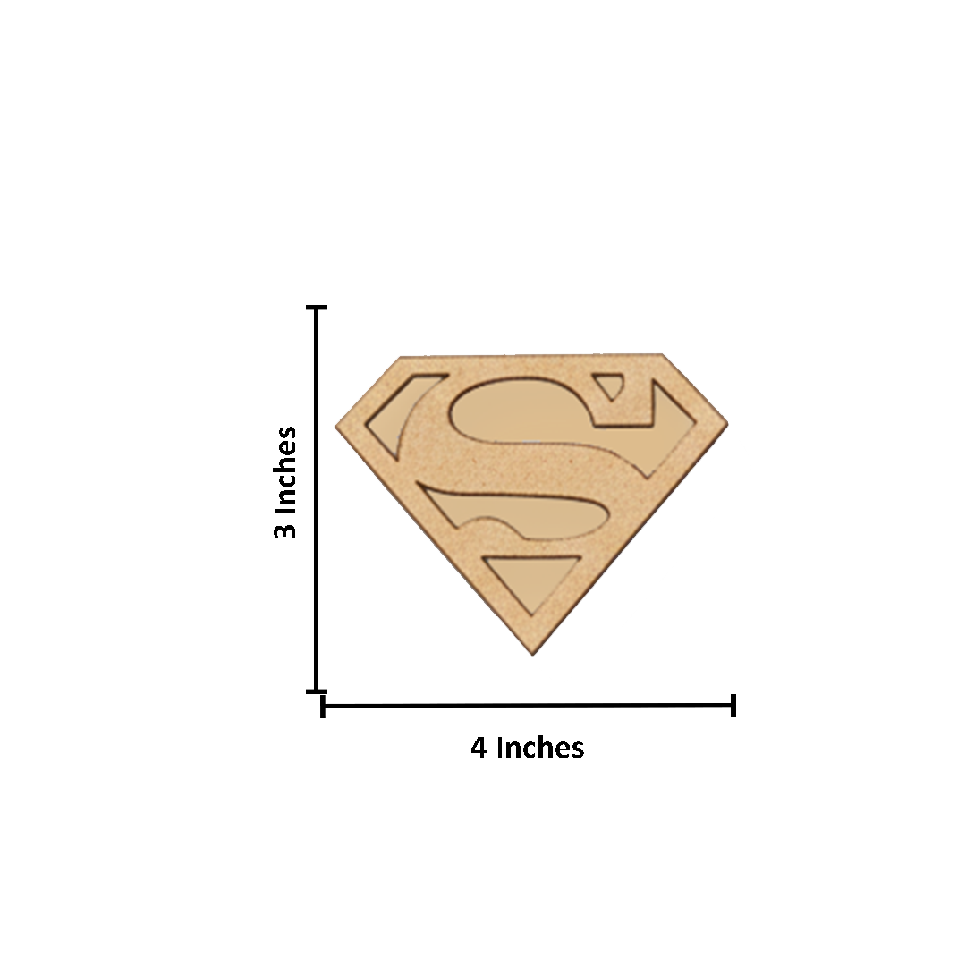 Unpainted DIY MDF Superman logo cutout, 4 inch wide superhero craft piece for painting activity.