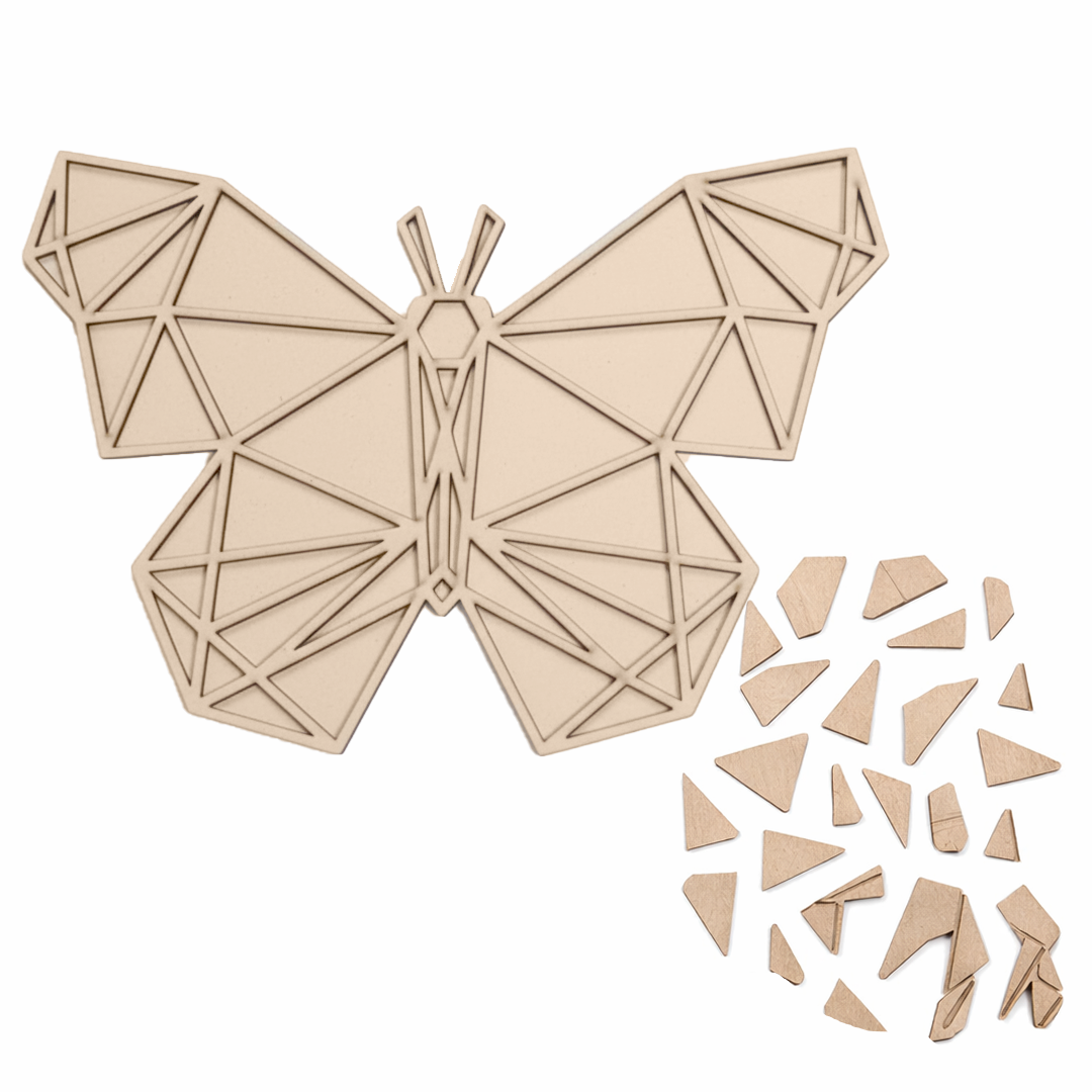 Unpainted DIY MDF geometric butterfly puzzle with detachable pieces for painting and craft activity
