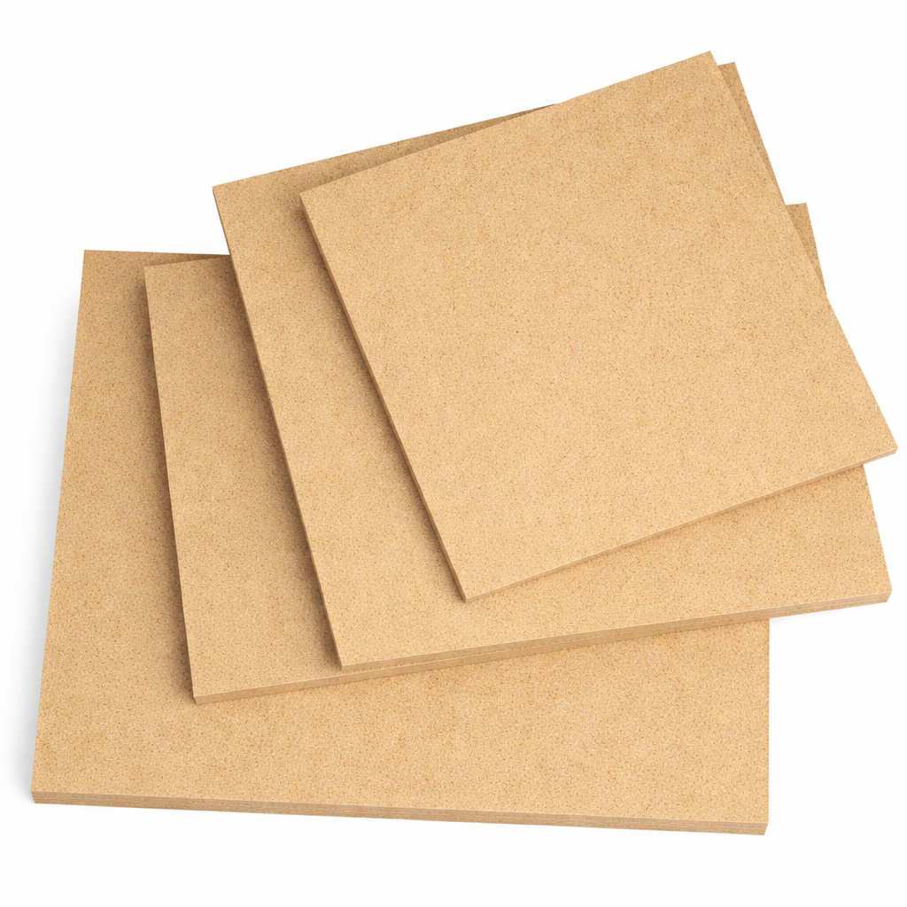 Plain square MDF DIY boards stacked together with smooth unpainted surface for painting and craft projects