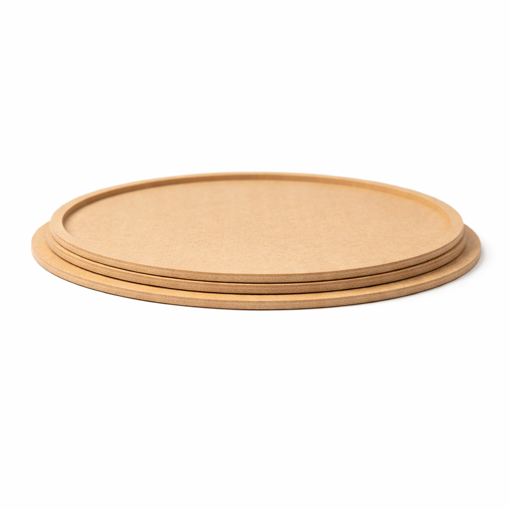 Plain round MDF DIY boards stacked together with smooth unpainted surface for painting, mandala art, and craft projects