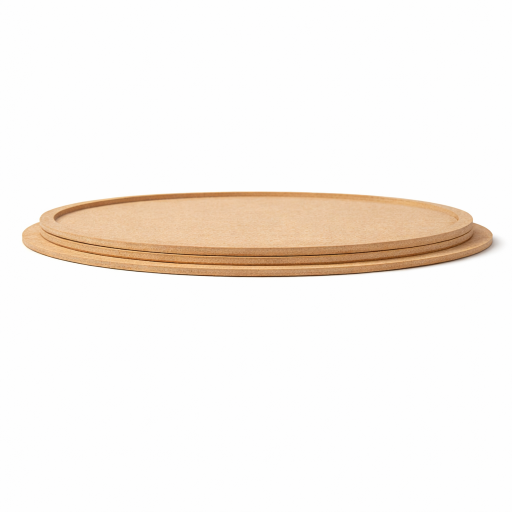 Plain round MDF DIY boards stacked together with smooth unpainted surface for painting, mandala art, and craft projects