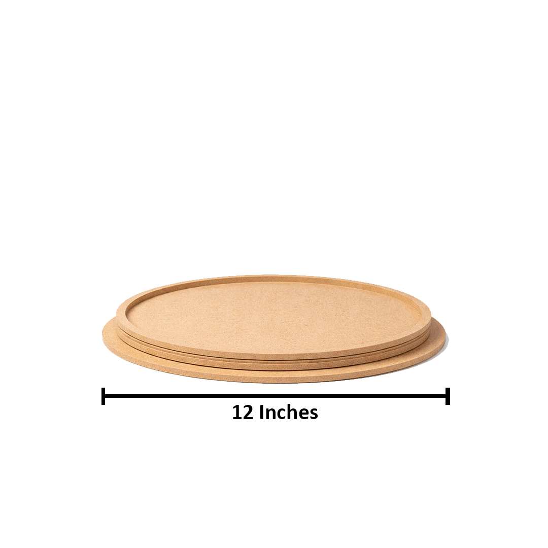 Plain round MDF DIY boards stacked together with smooth unpainted surface for painting, mandala art, and craft projects with size
