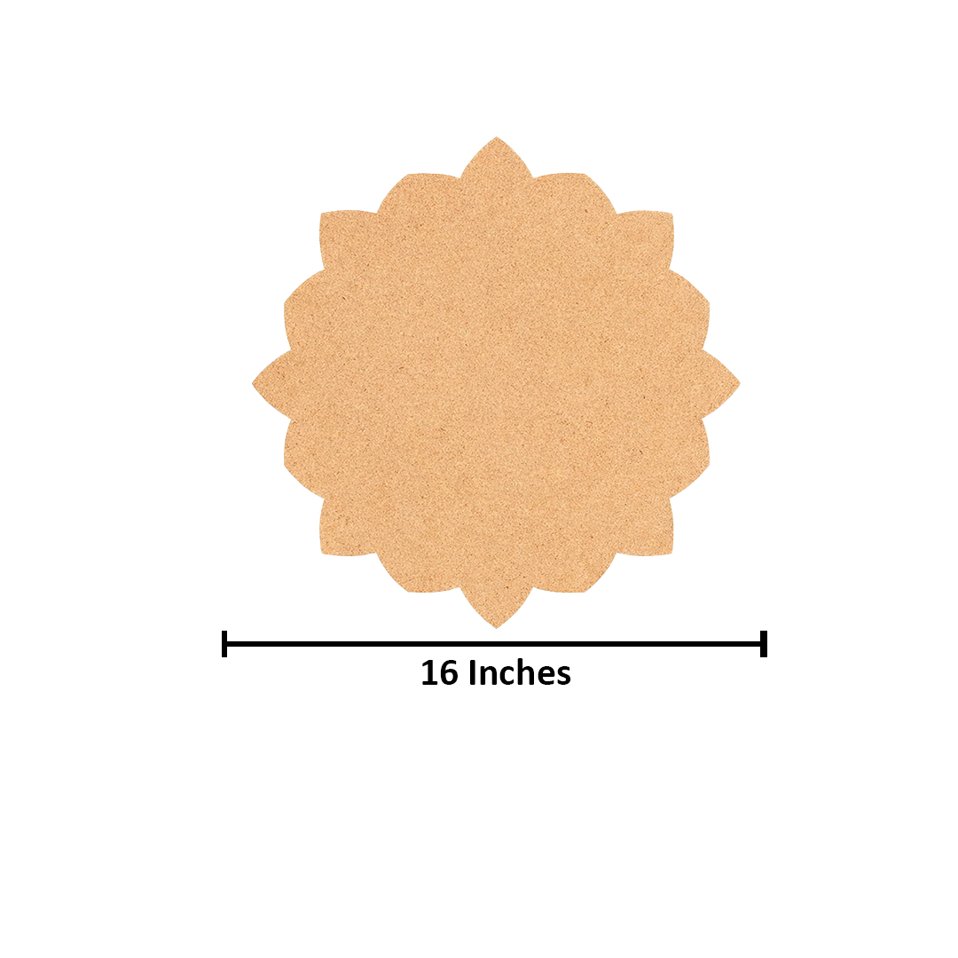 Plain lotus-shaped MDF DIY board with smooth unpainted surface for painting, mandala art, rangoli, and decorative craft projects with size