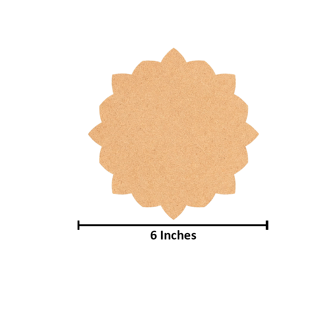 Plain lotus-shaped MDF DIY board with smooth unpainted surface for painting, mandala art, rangoli, and decorative craft projects with size