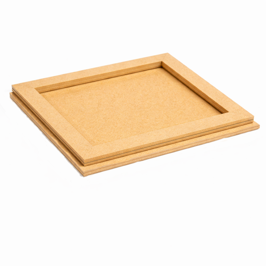 Plain framed MDF DIY board with smooth unpainted surface and raised border for painting, photo mounting, and decorative craft projects