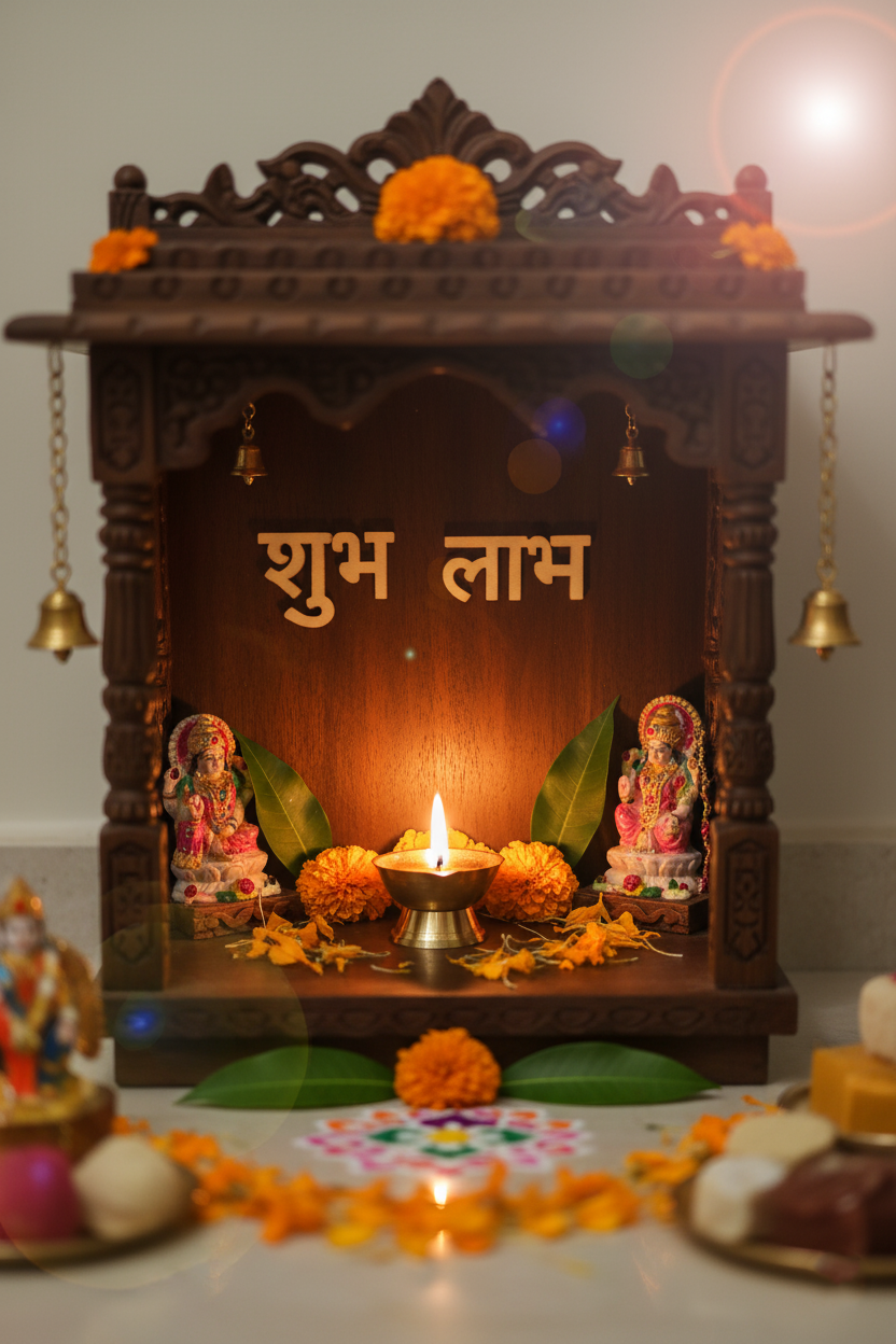 MDF wooden pooja mandir with Shubh Labh sign, marigold flowers, Lakshmi Ganesh idols, and lit diya.