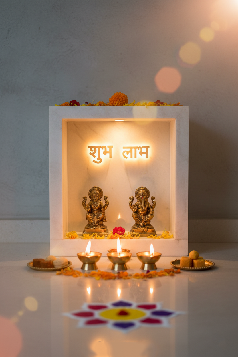 MDF white pooja mandir with Shubh Labh sign, brass Lakshmi Ganesh idols, rangoli, and lit diyas.