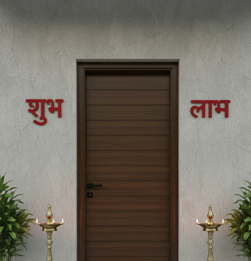 MDF Shubh Labh wall hanging decor in red color placed on both sides of main door with traditional lamps.