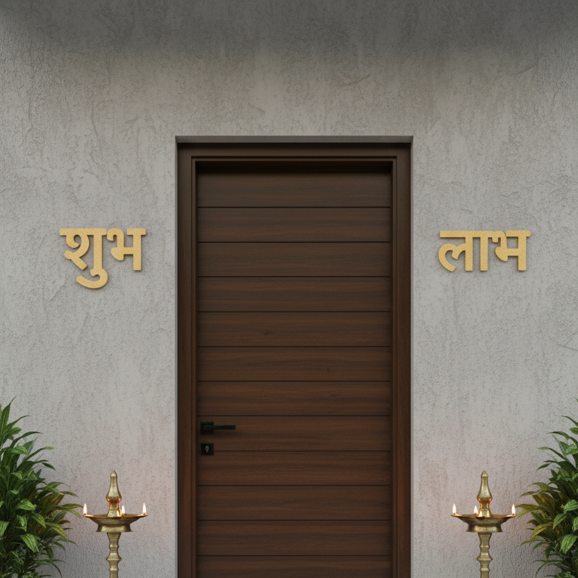 MDF Shubh Labh wall decor in golden color placed at entrance with plants and lamps for festive look.