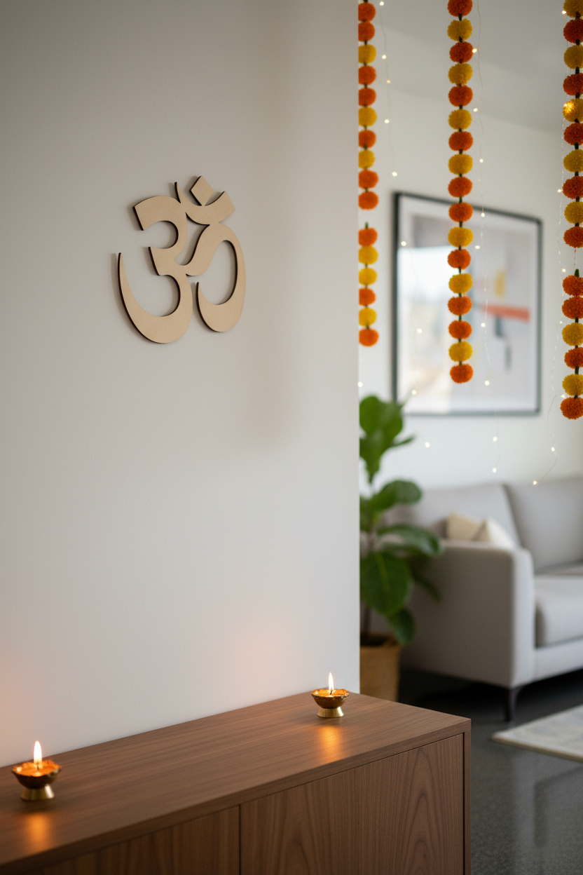 Plain MDF Om wall hanging with marigold garlands and festive decor