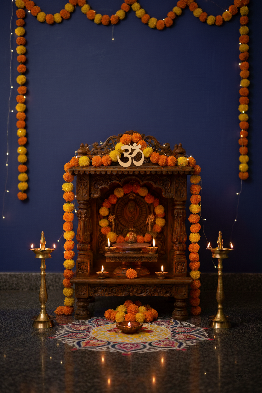 MDF Om symbol on wooden main door with rangoli and diyas decoration