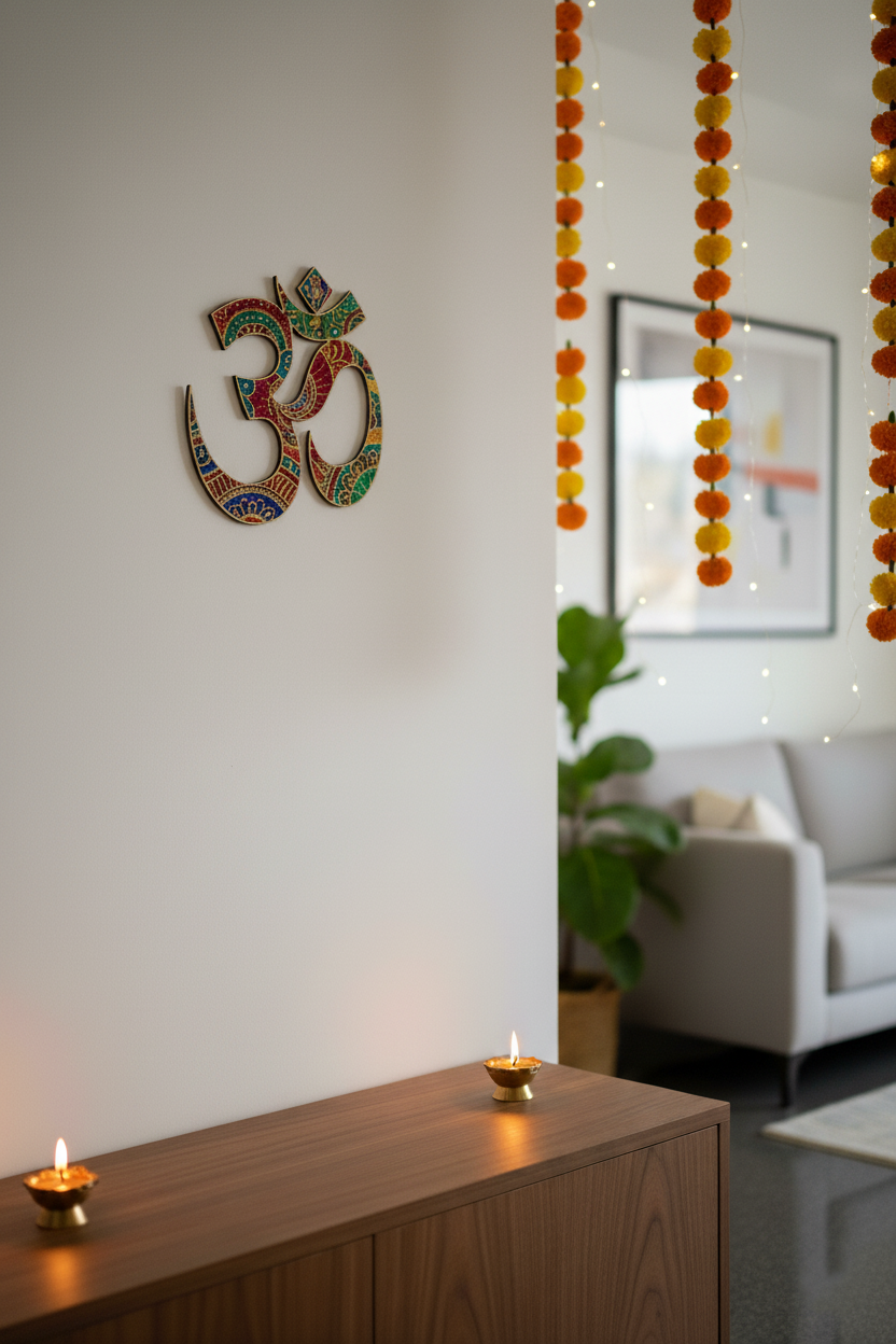 Plain MDF Om wall hanging with marigold garlands and festive decor