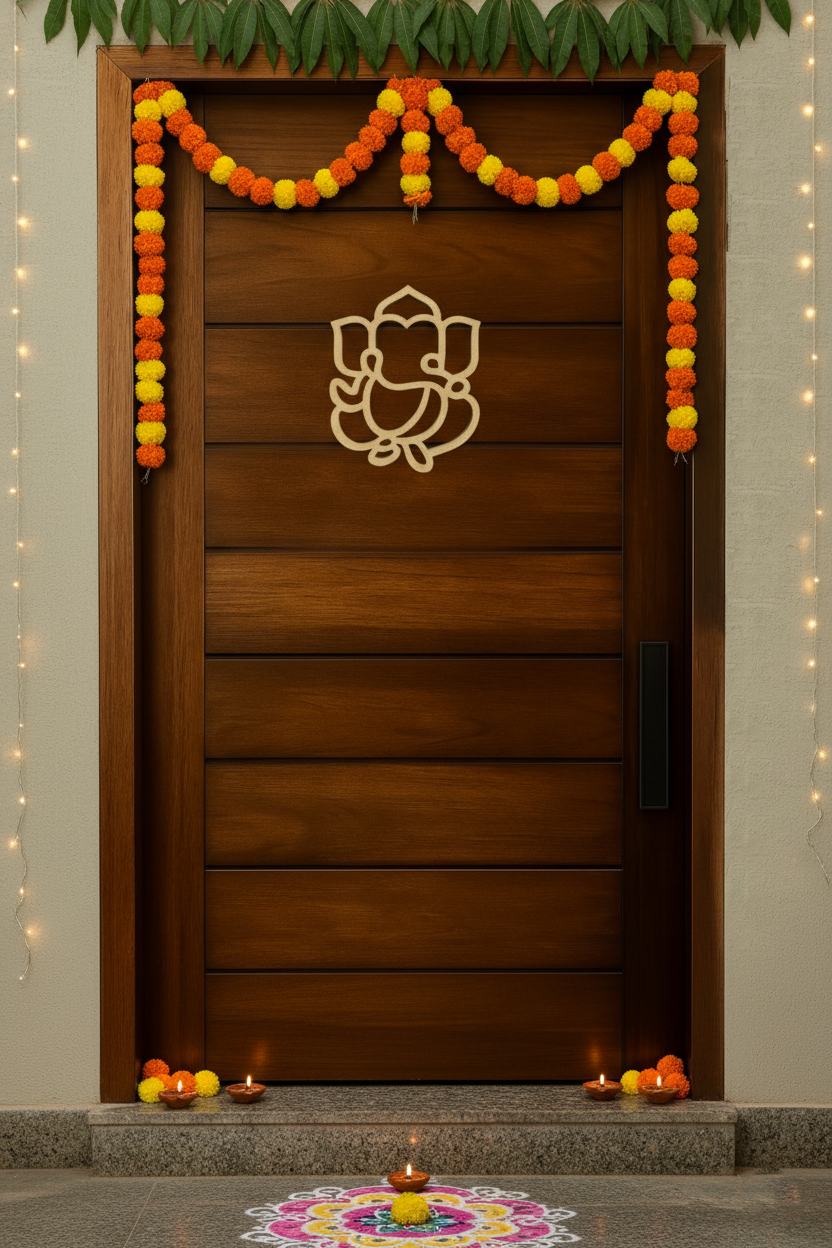 MDF Ganesha wall decor on main door with marigold toran, rangoli and diya lighting.