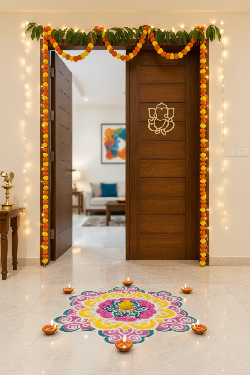 MDF Ganesha design on entrance door with garlands, rangoli and festive lights.