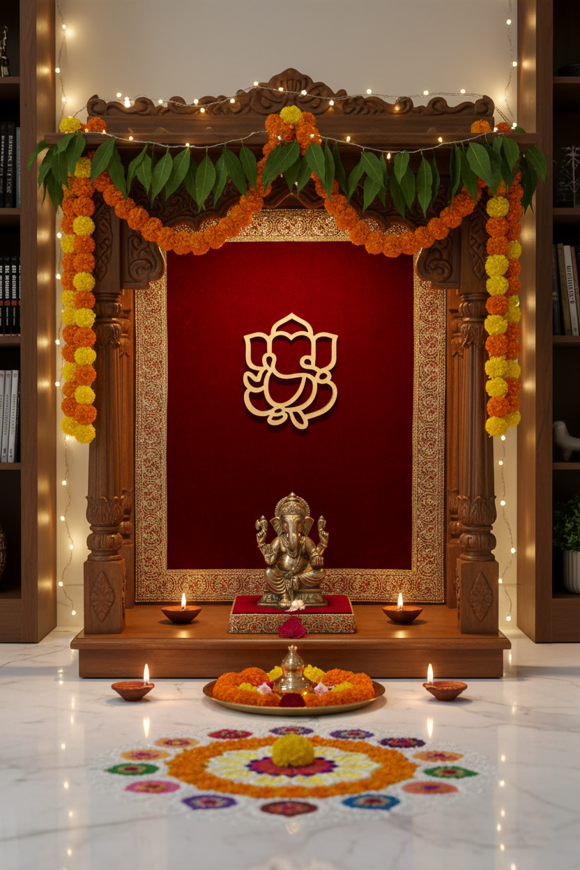 MDF Ganesha wall hanging in wooden pooja mandir with brass idol, garlands and diyas.