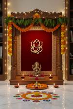 MDF Ganesha wall hanging in wooden pooja mandir with brass idol, garlands and diyas.