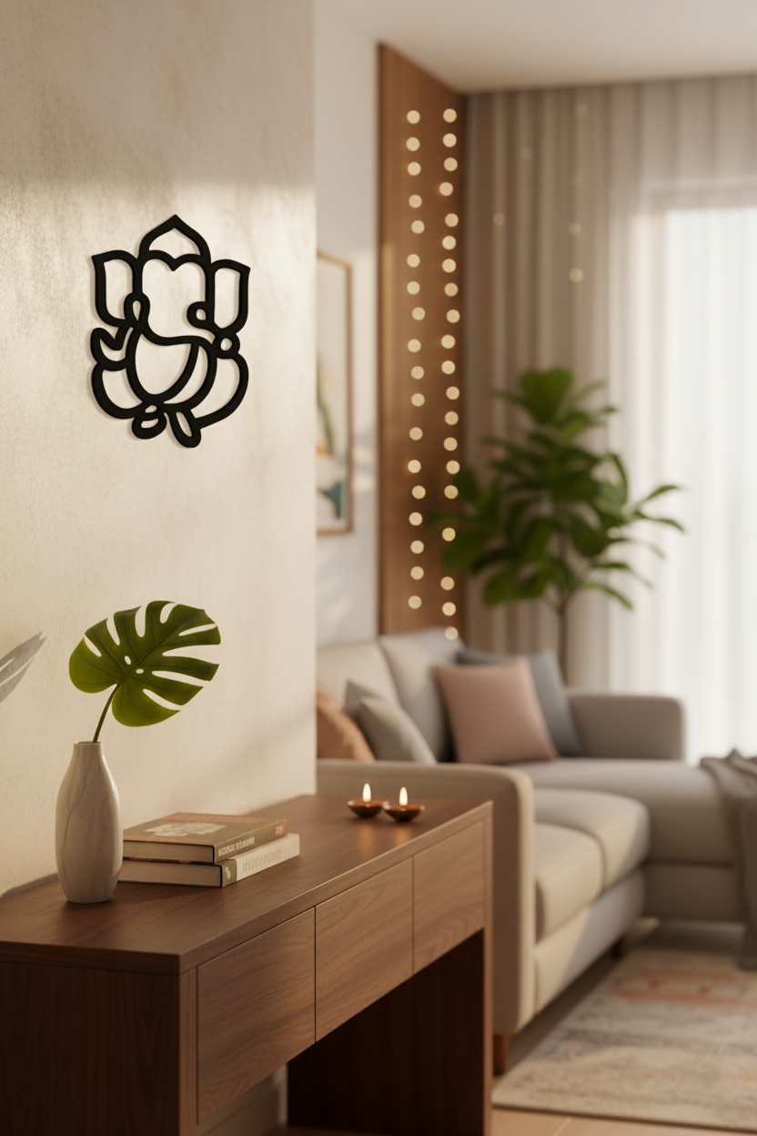 MDF Ganesha wall decor in modern living room with festive diya lights.