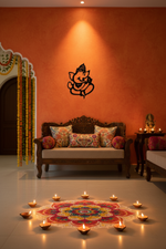 Black MDF Ganesha wall art with rangoli and diyas in living room