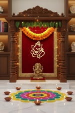 Golden MDF Ganesha cutout on red temple backdrop with marigold garlands