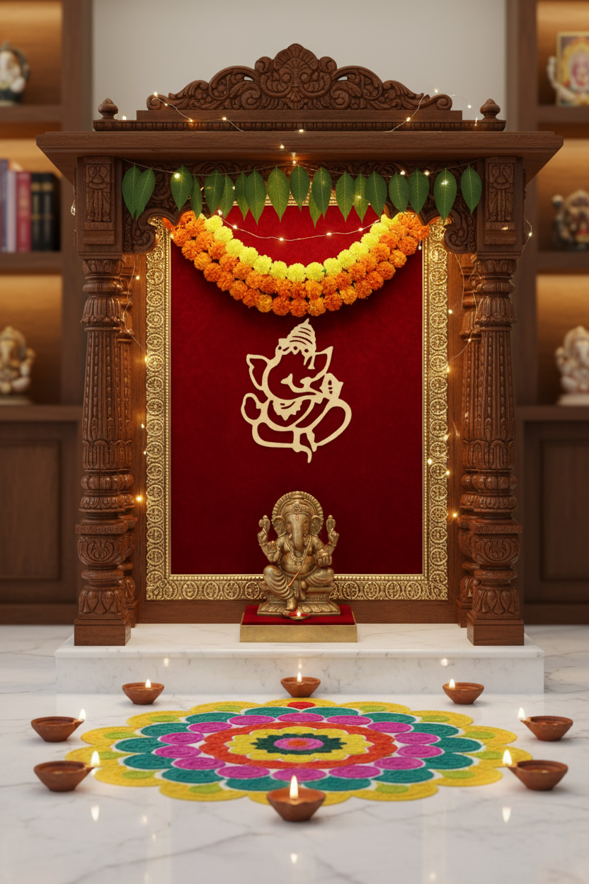 Golden MDF Ganesha cutout on red temple backdrop with marigold garlands