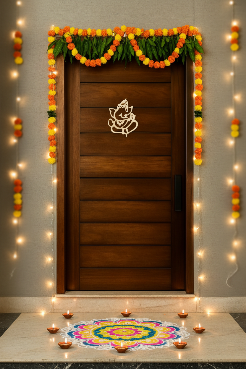 White MDF Ganesha wall hanging on wooden main door with lights and rangoli