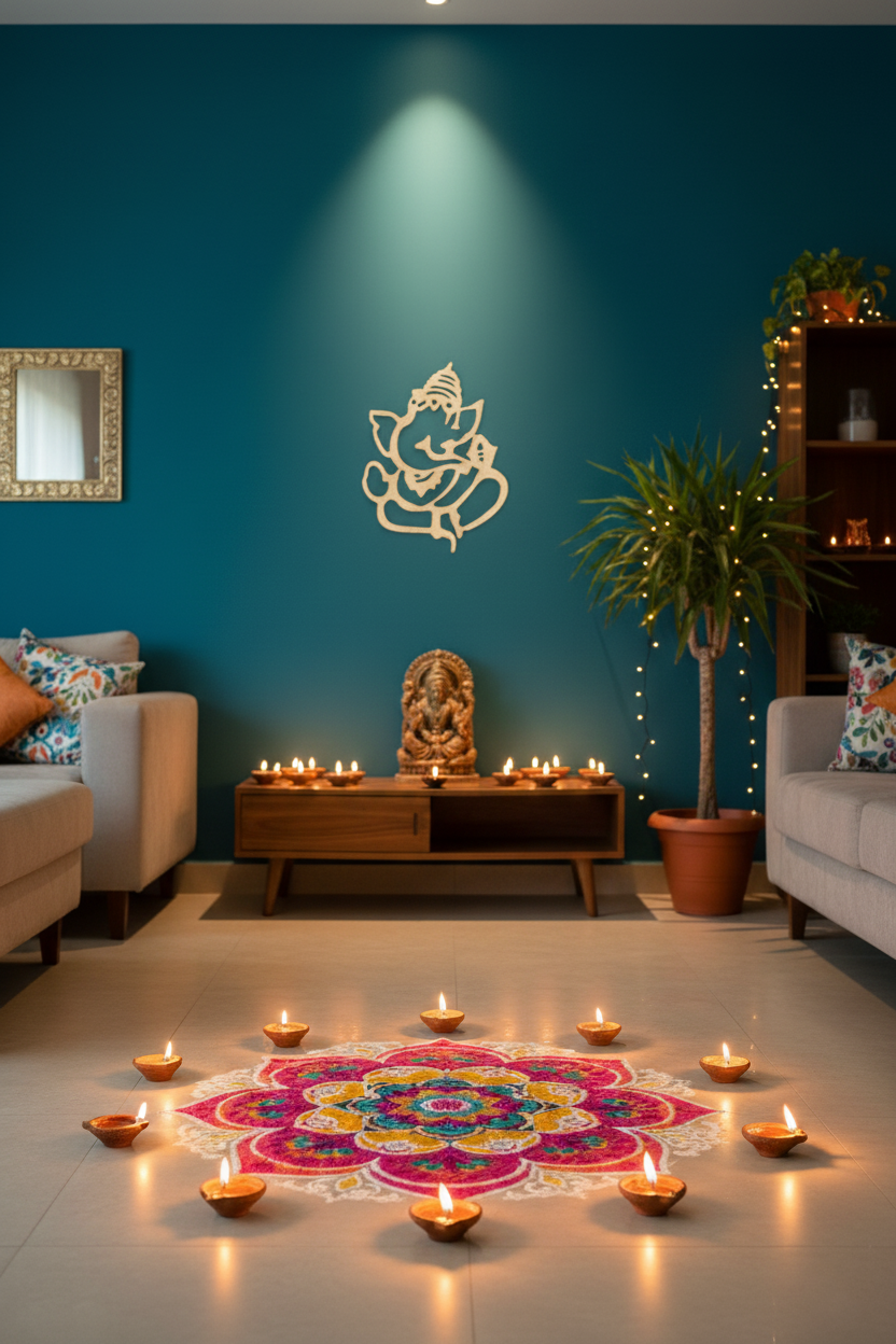 White MDF Ganesha wall decor on blue wall with festive rangoli and diyas