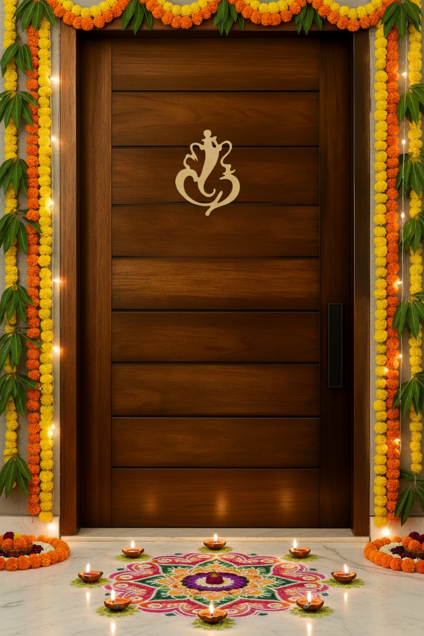 Elegant MDF Ganesha cutout on wooden main door with rangoli and marigold garlands