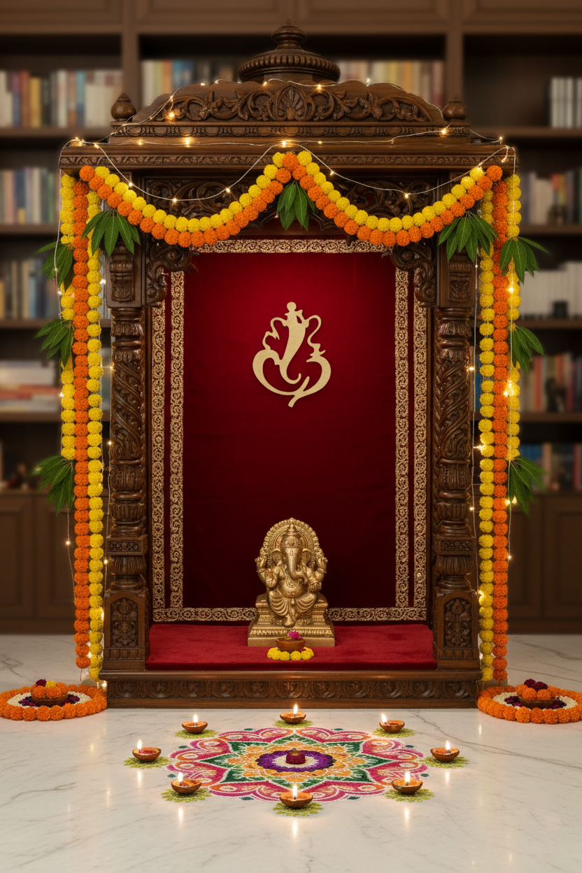 Golden MDF Ganesha cutout on red pooja room backdrop with marigold decorations