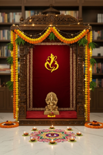 Bright MDF Ganesha wall art on temple backdrop with festive lights and rangoli