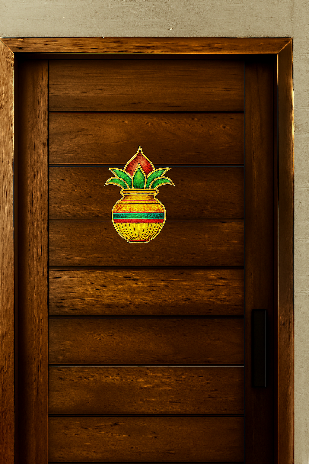 Hand-painted MDF Kalash cutout on wooden main door for festive decor