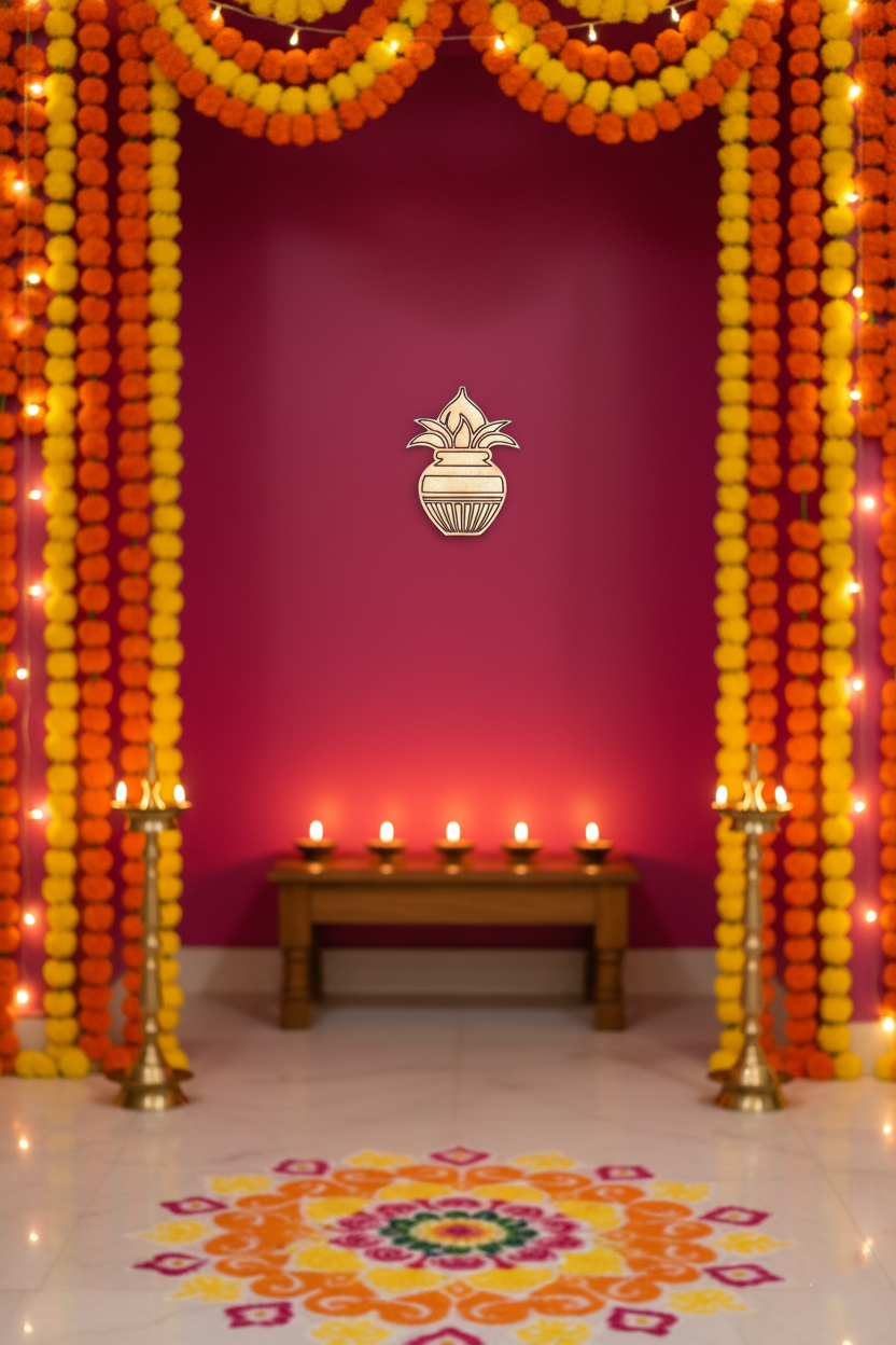 Natural MDF Kalash wall hanging with marigold garlands and diya backdrop