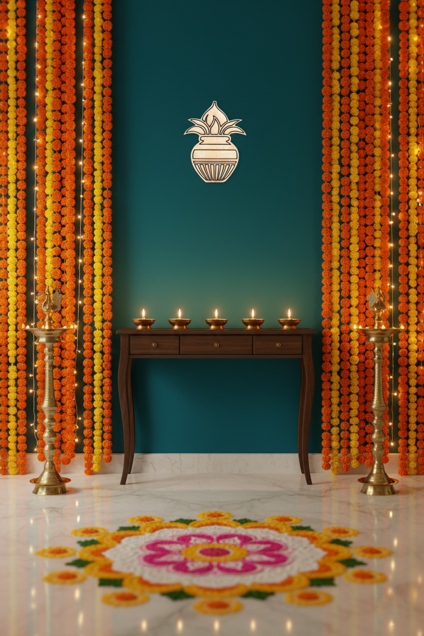  MDF Kalash cutout on teal wall with festive garlands and diyas"