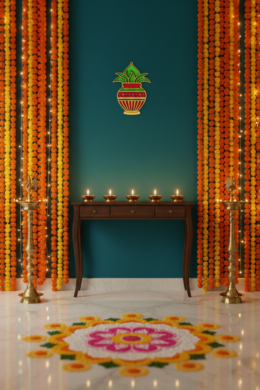 Colorful MDF Kalash cutout on teal wall with festive garlands and diyas