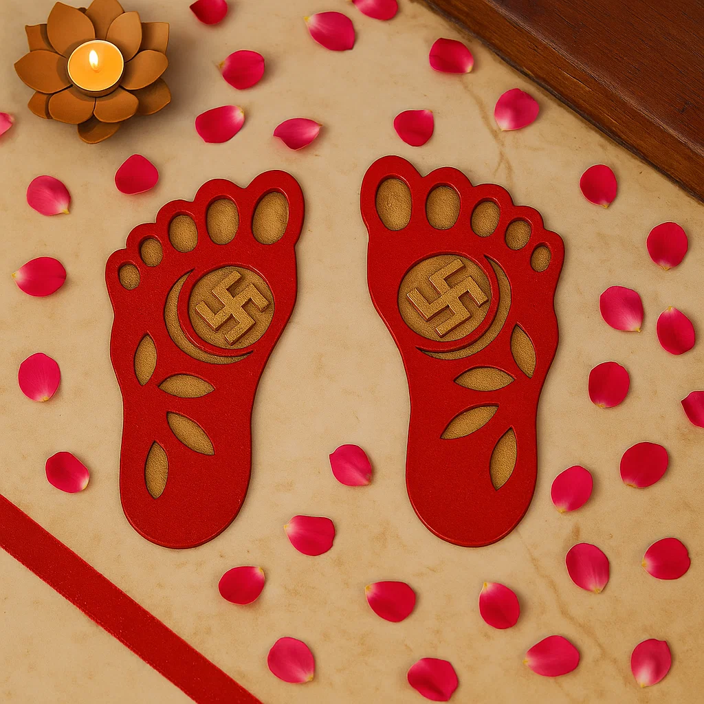Cutwork MDF Laxmi Charan Paduka with Swastik design and rose petals